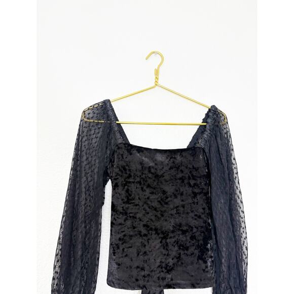Anthropologie Porridge Black Velvet Lace Up Back Top Small Swiss Dot Puff Sleeve - Picture 4 of 12